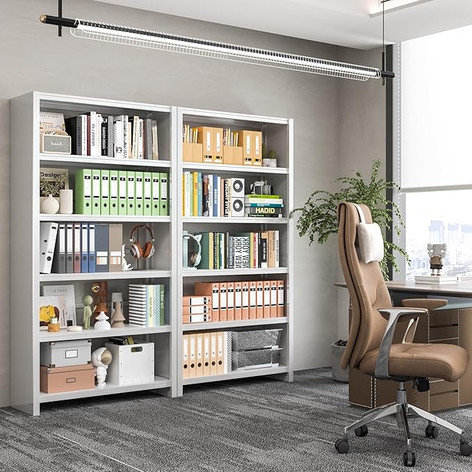 Metal Bookshelf, 5-Tier White Bookcase, 69.3" Tall Book Shelf, Modern Storage Display Shelves for Bedroom, Living Room, Office, School & Kitchen