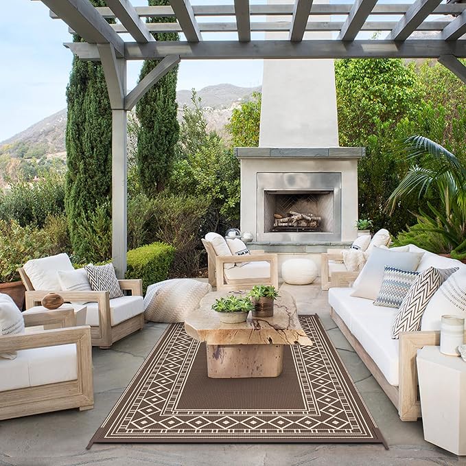 GENIMO Outdoor Rug Waterproof for Patio Decor, 3'x5' Foldable Reversible Plastic Straw Carpet for Porch, Outside Area Mat for Entryway, Rv, Deck, Picnic, Camper, Balcony, Beach, Coffee & Beige