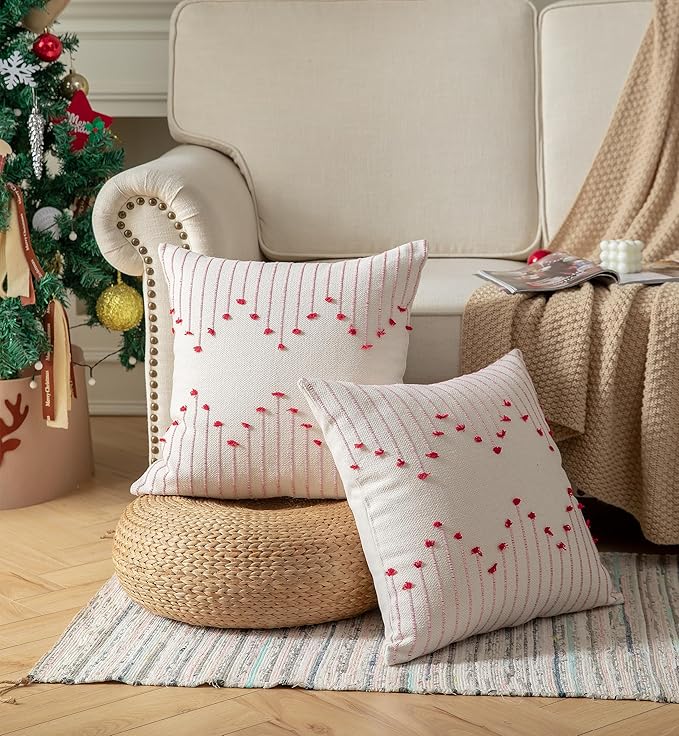 Caflife Boho Christmas Throw Pillow Covers 18x18 Set of 2, Holiday Christmas Decorative Pillow Covers Beige with Red Line for Modern Farmhouse Couch Sofa Bedroom Living Room Outdoor