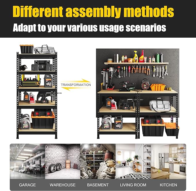 PrimeZone Storage Shelves 2 Pack 5 -Tier Heavy Duty Shelf, 1325 lbs /Pack Capacity Adjustable Metal Garage Storage Rack, Shelving Unit Rack 28" x 12" x 59" for Warehouse Pantry Closet Kitchen Black