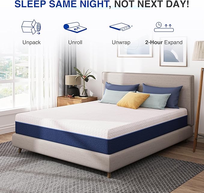 8 Inch Queen Gel Cooling Memory Foam Mattress, Pressure Relief, Medium Firm Support，Mattress in a Box, CertiPUR-US Certified