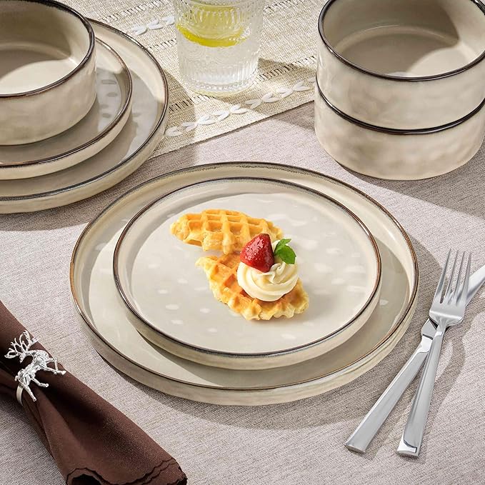 Herogo Dinnerware Dishes Sets for 4, 12 Pieces Ceramic Plates and Bowls Sets, Kitchen Dinning Dishes, Dishwasher & Microwave Safe, Cream Khaki