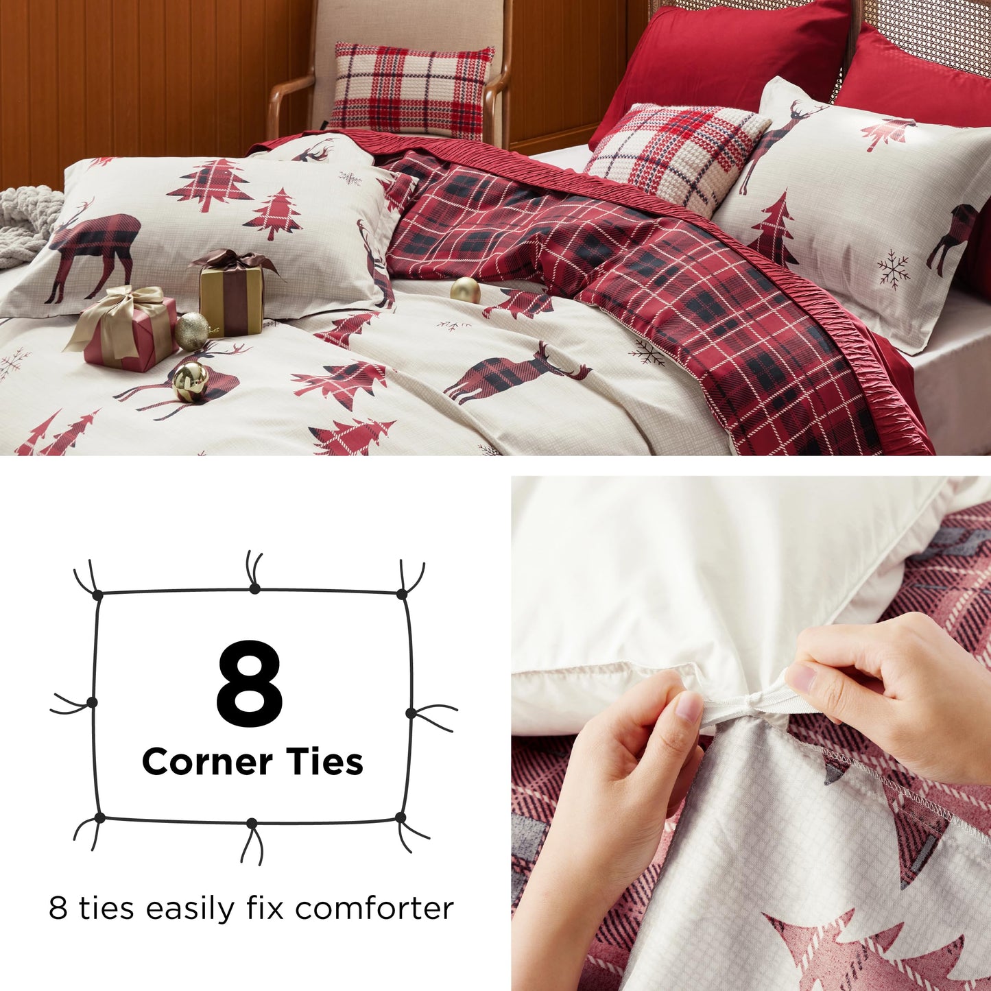 Bedsure Christmas Duvet Cover Queen - Christmas Bedding Set, Reversible Buffalo Check Printed Plaid Duvet Cover, 3 Pieces Bedding Set with 2 Pillow Shams (Queen, Reindeer)