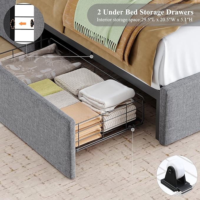 HOSTACK Full LED Bed Frame with Storage Headboard and Charging Station, Boys Bed Frame with 2 Drawers and USB Ports, Velvet Upholstered Platform Bed Frame with Bookcase, No Box Spring Needed, Grey
