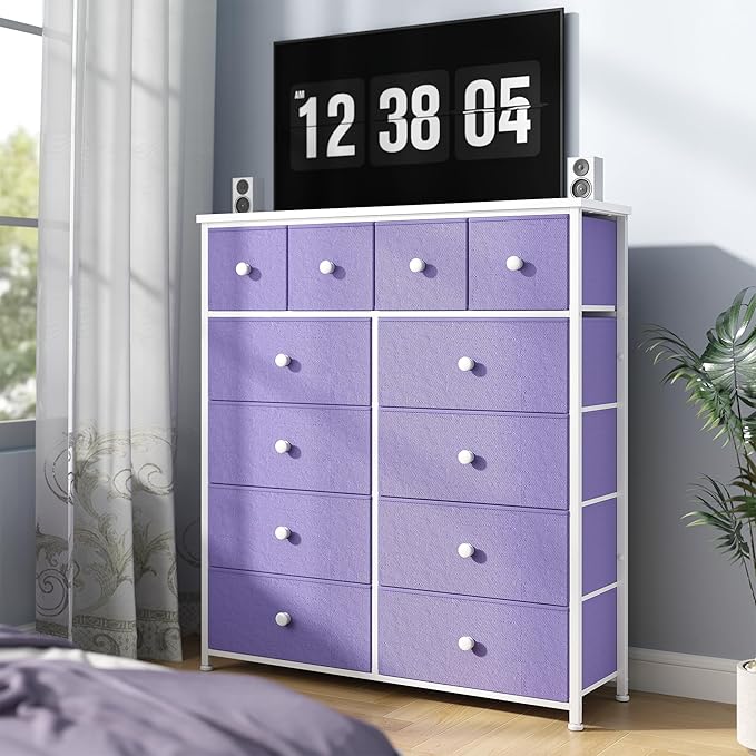 Dresser for Bedroom with 12 Drawers Tall Dressers for Bedroom Fabric Dressers & Chest of Drawers with Sturdy Metal Frame, Wood Top, for Woman, Closet, 40.6" W x 11.8" D x 44.5" H (Purple)