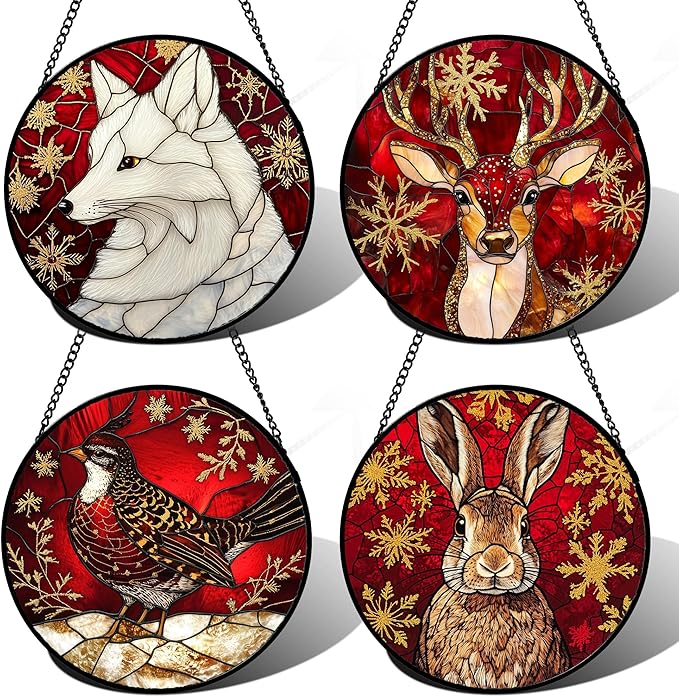 Stained Glass Window Hanging 4 Pcs Set Red Golden Snowflakes 6.3" - Christmas Elk Rabbit Suncatcher Door Garden Sun Catcher Decor Birthday for Mom Woman Nana Men