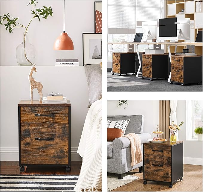 VASAGLE 2 Drawers File Cabinet for Home Office, Printer Stand with Wheels, for A4, Letter Sized Documents, Hanging File Folders, Rustic Brown and Ink Black UOFC042B01V1