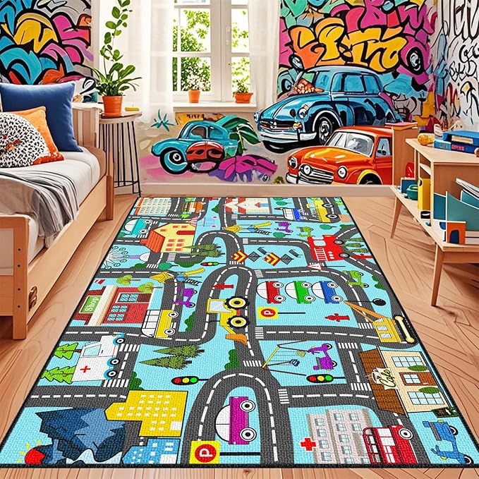 Car Rugs for Kids Toy Cars - Kids Carpet for Playroom Car Track Rug for Kids City Life Road Rug for Playroom Living Room Bedroom Classroom Decor, 2'5''×4'