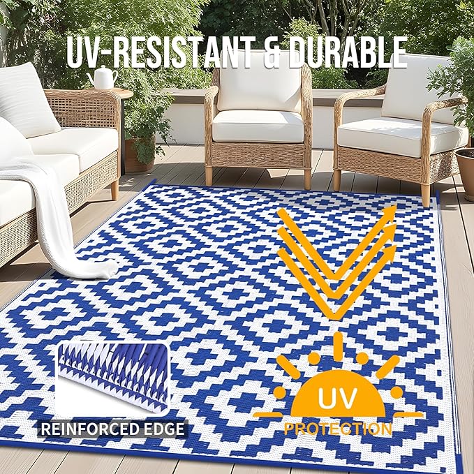 OLANLY Waterproof Outdoor Rug 9x18 ft, Outdoor Plastic Straw Rug for Camping, RV Mat Outside, Outdoor Carpet for Porch, Deck, Backyard, Balcony, Picnic, Blue & White