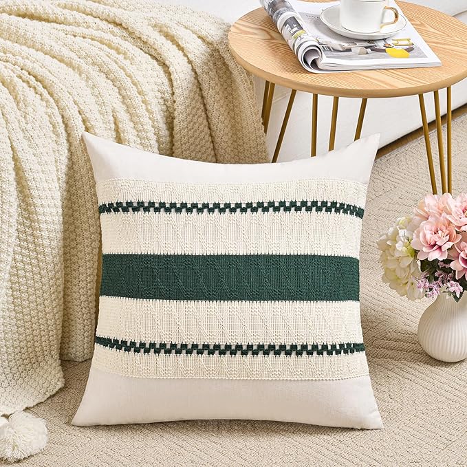 Fancy Homi Set of 2 Dark Green Boho Euro Decorative Throw Pillow Covers 26x26 Inch for Couch Bed Sofa Bedroom Indoors, Modern Farmhouse Vintage Forest Green Living Room Decor