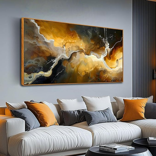 Abstract Wall Art for Living Room, Marble Canvas Wall Decor for Bedroom, Black and Gold Picture Print Artwork for Office, Large Size 59 x 29 Inches Framed