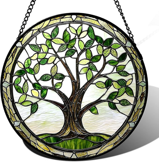 Stained Glass Window Hanging - Brown Tree Trunk Green Leaves Sun Catcher for Door Garden Home Decor Plant Suncatcher Christmas Mother's Day Birthday Gifts for Women Men Mom Nana 15 in