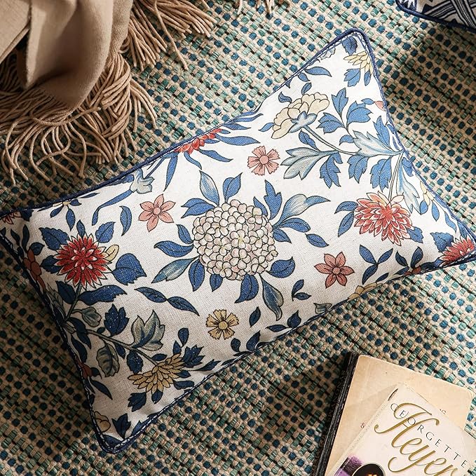 patdrea Designer Throw Pillow Covers Set of 2,Euro Elegant Linen with Colorful Blooming Floral Pattern Pillow Cover,Decorative Lumbar Pillowcases Cushion for Bed Living Room Outdoor Car,12"x20"