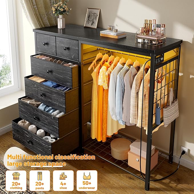 EnHomee 49.2" W Dresser for Bedroom with Hanging Rack 6 Drawers Dresser with LED Lights & Charging Station, Fabric Dressers & Chest of Drawers with Clothes Rack, Wooden Top, Grid Panel, Closet, Black