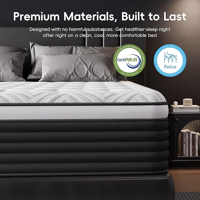 COOLMI King Size Mattress, 12 Inch Hybrid Memory Foam Mattress in a Box, Pressure Relief for Back Support, Medium Firm, Individually Pocket Springs, 100-Night Trial & CertiPUR-US Certified,Grey King