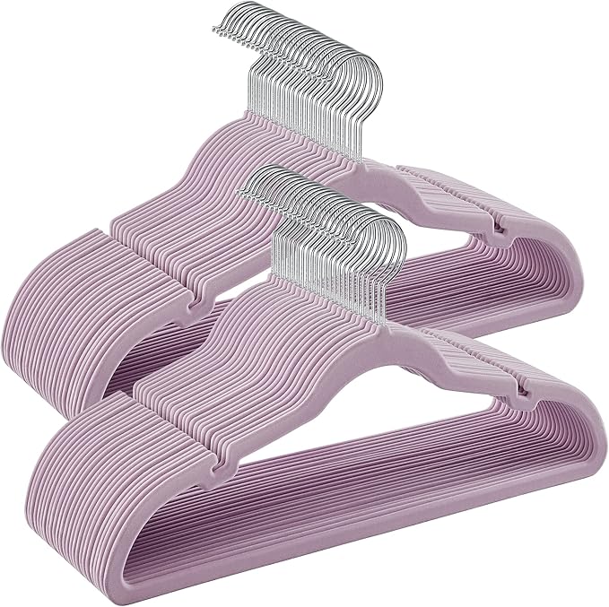 SONGMICS Velvet Hangers 50 Pack, Non-Slip Clothes Hangers, Suit Hangers with Shoulder Notches, Pants Bar, 360° Swivel Hook, Space-Saving, for Closet, Lavender Purple UCRF029GP05