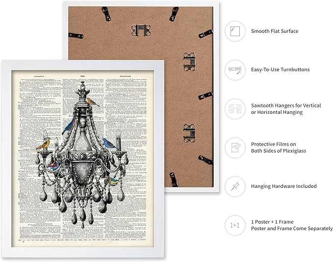 Poster Master Dictionary Art Poster - Antique Chandelier Print - Bird Art - Baroque Art - Gift for Men & Women - Chic Decor for Living Room, Dining Room, Bedroom or Kitchen, 8x10 White Framed