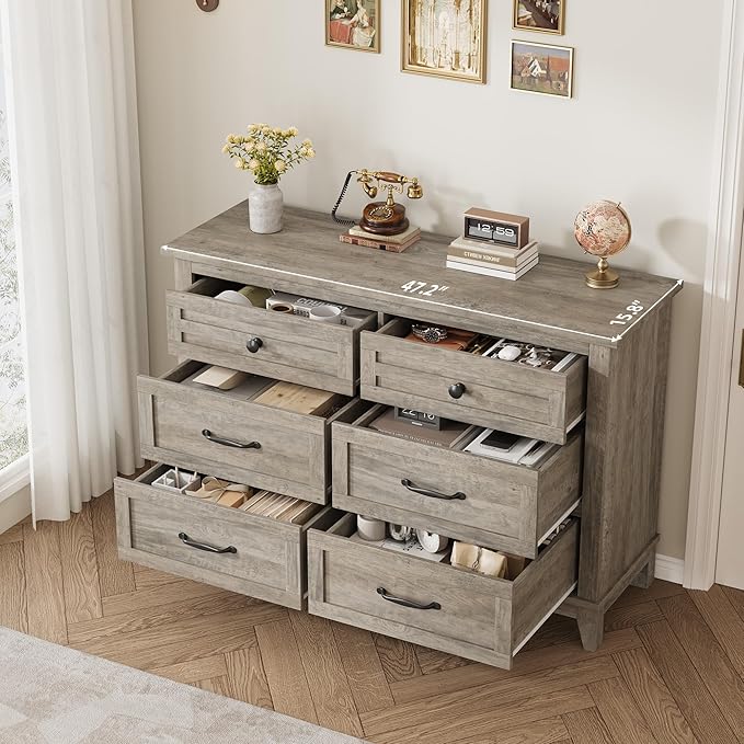 GarveeHome 6 Dresser for Bedroom, 47" Wide Drawer Dresser with Storage Freestanding, Wooden Closet Storage Chest for Living Room, Bedroom, Entryway, Grey