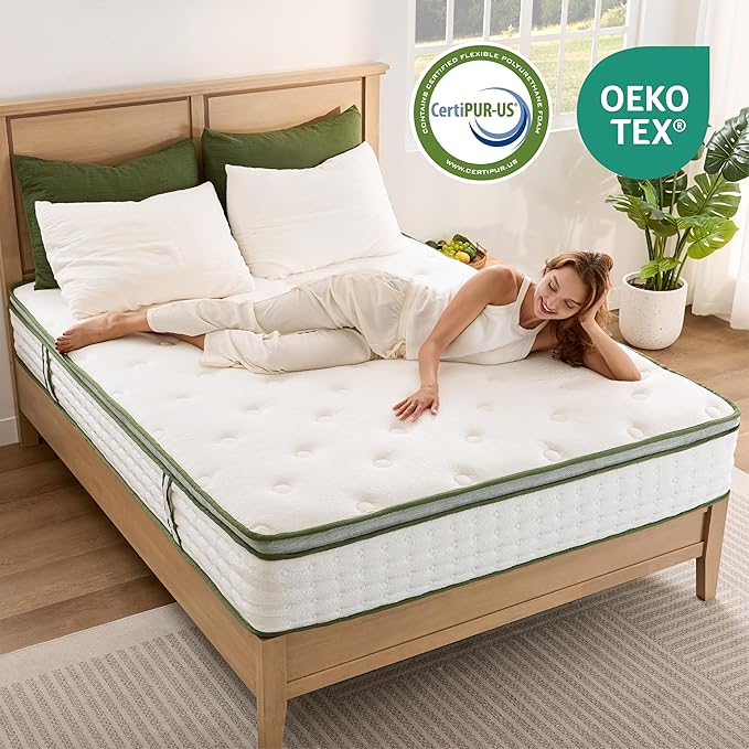 Queen Mattress, 10 Inch Innerspring Queen Size Hybrid Mattress with Individually Pocket Innerspring for Cool Motion Isolation & Silent Sleep, Pressure Relief, Edge Support,Medium Firm