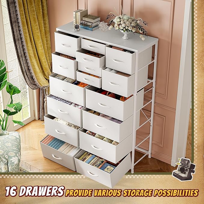 57“H Tall Dresser for Bedroom with 16 Drawers,Dressers & Chests of Drawers for Bedroom,Large White Dresser for Closet,Sturdy Metal Frame & Wood Top,Entryway, Hallway