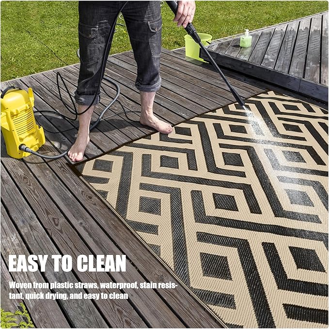 Terrug Outdoor Rug Waterproof 6x9 Ft, Foldable Outdoor Plastic Straw Rug, UV Reversible Patio Rug Decor, Outdoor Area Rug for Camping, RV, Porch, Deck, Backyard, Balcony, Picnic, Black & Beige