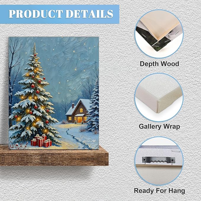 Framed Christmas Pictures Wall Decor,Vintage Pine Tree Prints,Winter Christmas Canvas Wall Art Decoration for Bedroom Bathroom Living Room Rustic Xmas Holiday Gifts (Christmas Tree 20, 12'' X 16'')