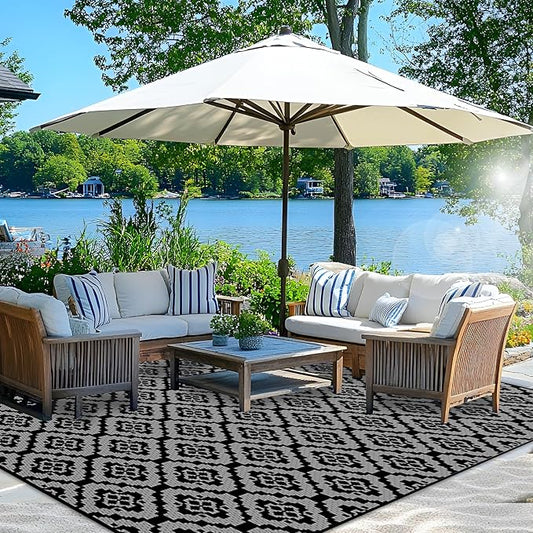Wallona Outdoor Rugs 8x10 ft Patio Waterproof Clearance Indoor Outdoor Large Carpet for Patio Plastic Straw Reversible Area Rugs Mat for RV, Camping, Balcony, Beach, Picnic, Porch, Brick Black & Grey