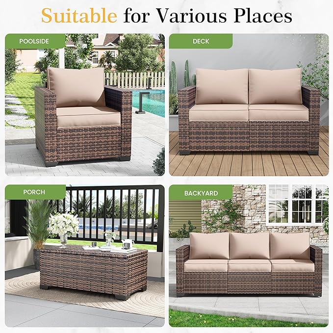 Amopatio Patio Couch, 2-Seat Outdoor Furniture, Wicker Porch Furniture Outdoor Couch Sofa with Water-Resistant Cover & Non-Slip Cushions, Premium Patio Set, Khaki