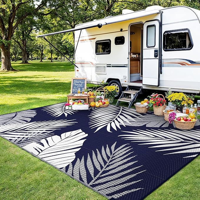 Outdoor Rug 5’x8’ Waterproof for Patio Clearance, Reversible Indoor Outdoor Plastic Straw Camping Rug Carpet, RV Mat, Large Area Rug for Deck, Backyard, Balcony, Porch, Beach, Blue & White