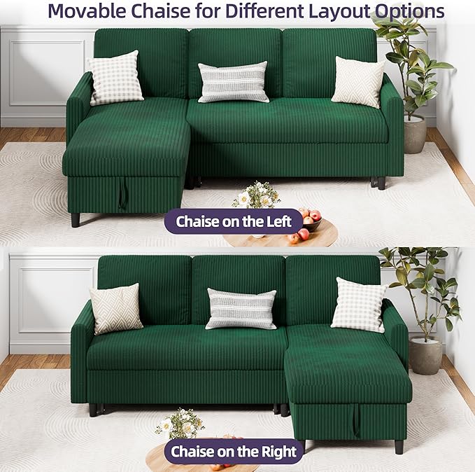 Sofa Bed Sleeper Pull Out 2 in 1 Sectional Sleeper Sofa Couches with Storage, Pullout Sectional Couches for Apartment Living Room,Green
