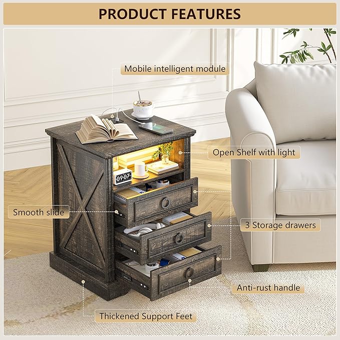 Nightstand with Charging Station,Farmhouse End Side Table with 3 Drawers and Open Storage,Smart Bedside Table with LED Light & Human Sensor, Brown