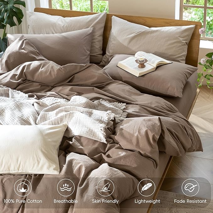 MooMee Bedding Duvet Cover Set 100% Washed Cotton Linen Like Textured Breathable Durable Soft Comfy (Solid Brown, Cal King 104"x98")