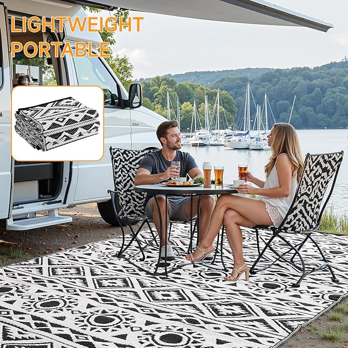 Outdoor Rug Waterproof 5x8 ft, Reversible Outdoor Plastic Straw Rug Patio Rug, RV Rugs for Outside, Outdoor Carpet for Patio Camping Deck Balcony Backyard, Black & White