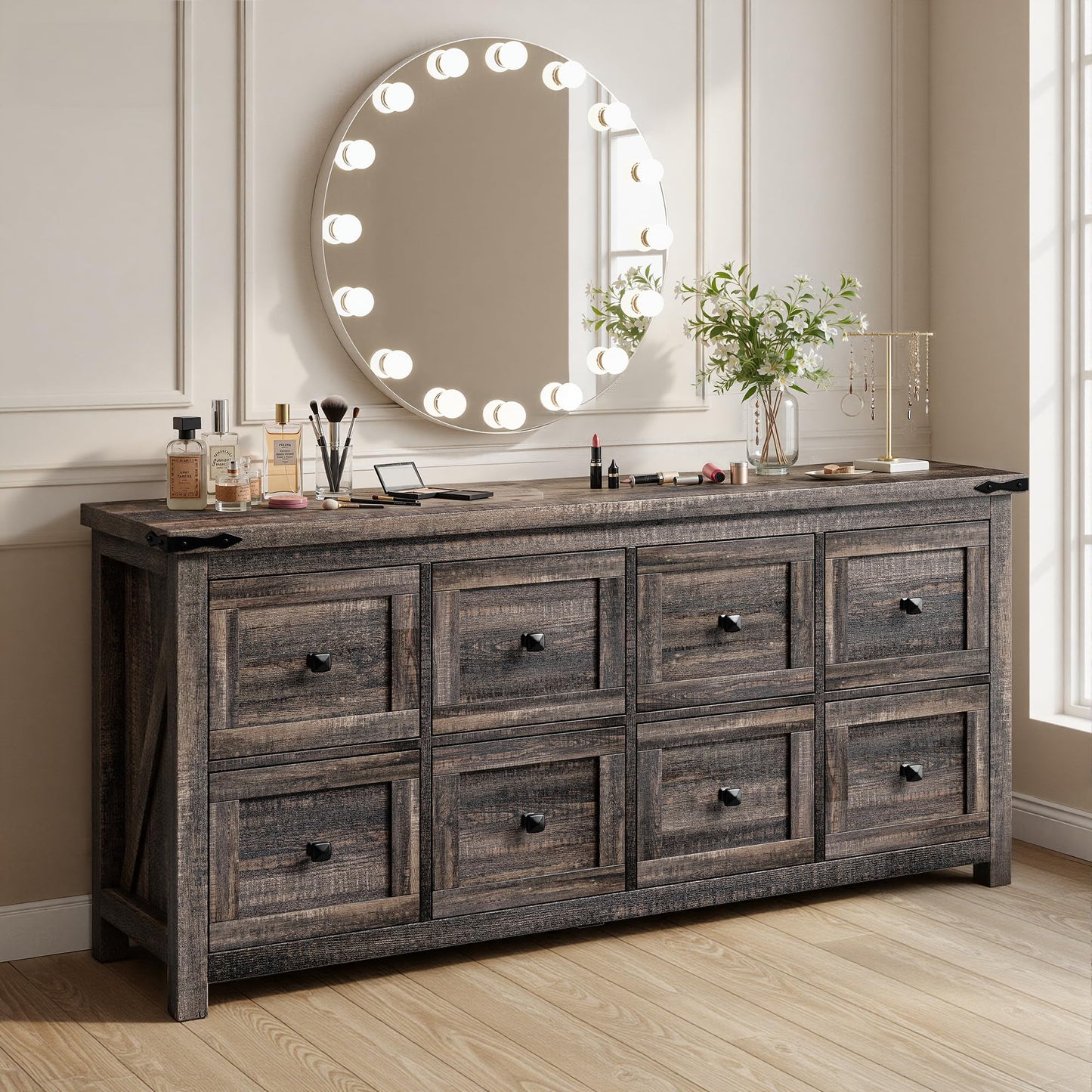 Romorgniz Farmhouse Dresser Dark Oak with 8 Drawers,Wood,Wide,Long,TV Stand for Bedroom Entryway Hallway