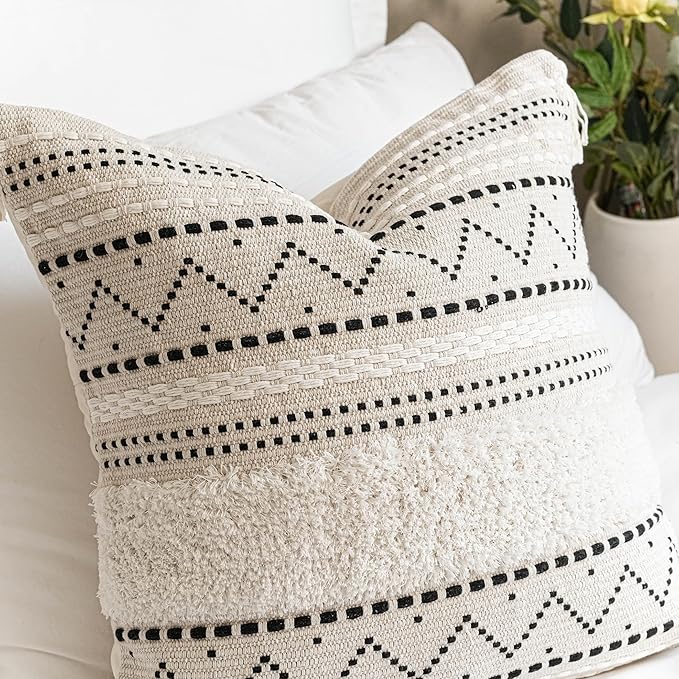 Decorative Throw Pillow Cover 18X18 Square Boho Black Neutral White Accent Pillowcase Tassels Farmhouse Cushion for Couch Sofa Bedroom Living Room Home Décor (Cover ONLY, Pack of 1)