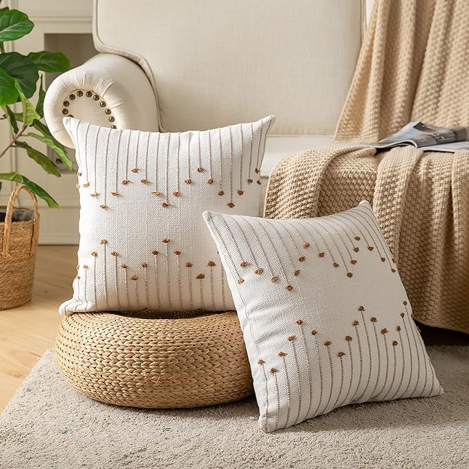 Caflife Boho Throw Pillow Covers 24x24 Set of 2 Decorative Pillows for Bed, Neutral Pillow Covers Beige with Brown Line Throw Pillows for Modern Farmhouse Couch Sofa Living Room Outdoor