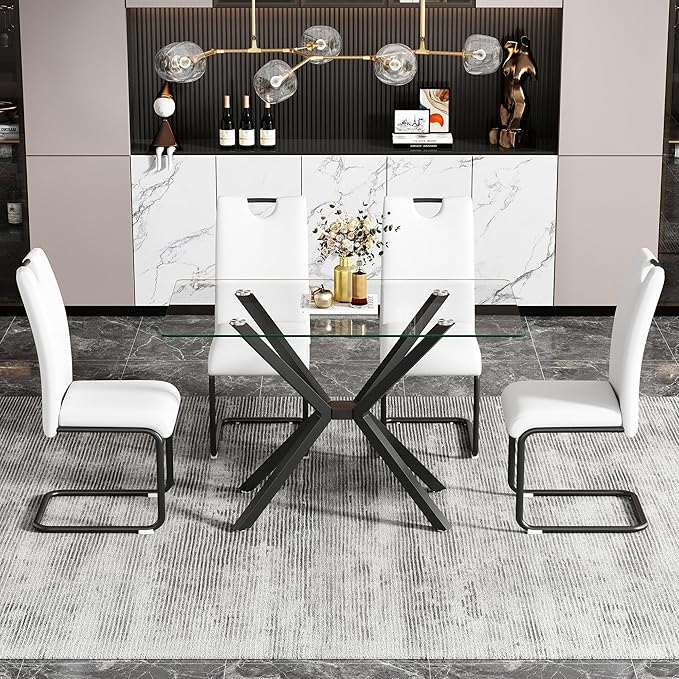 47" Tempered Glass Dining Table for 4, Modern Kitchen Table Rectangle Top, Geometric Metal Leg, for Apartment Dining Room Restaurant (Black)