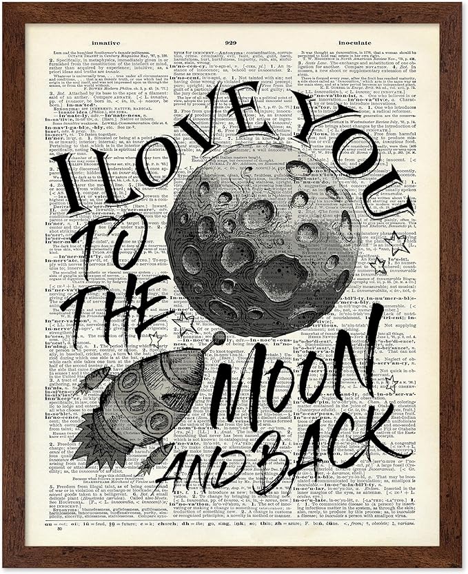 Poster Master Dictionary Art Poster - I Love You To The Moon and Back Print - Motivational Art - Gift for Him, Her & Lovers - Romantic Decor for Dorm, Bedroom or Living Room, 8x10 Brown Framed