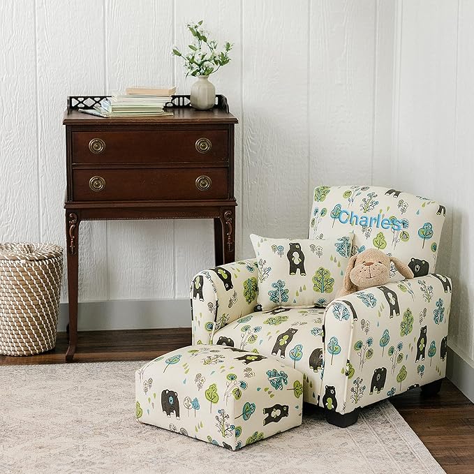 Toddler Personalized Armchair, Kids Upholstered Rocking Chair with Personalization, Toddler Chair with Personalized Name, Comfy Child Armchair, (Bears & Trees Print, Rockers)