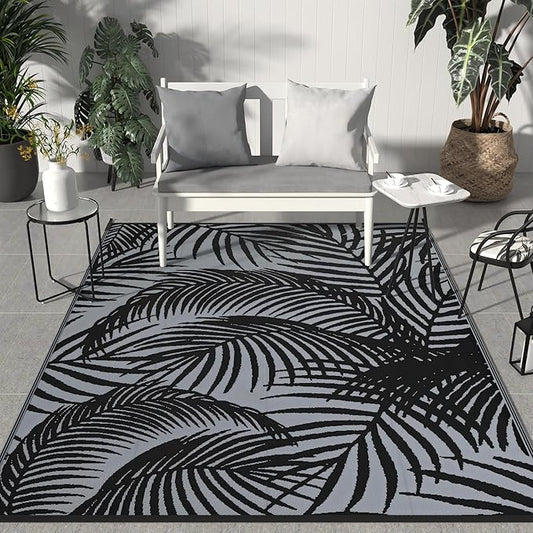 GENIMO Outdoor Rug 9' x 12' Waterproof for Patio Clearance, Reversible Plastic Straw Camping Carpet, Lightweight Mats for Rv, Backyard, Deck, Porch, Picnic, Beach, Balcony, Mix-Black & Gray