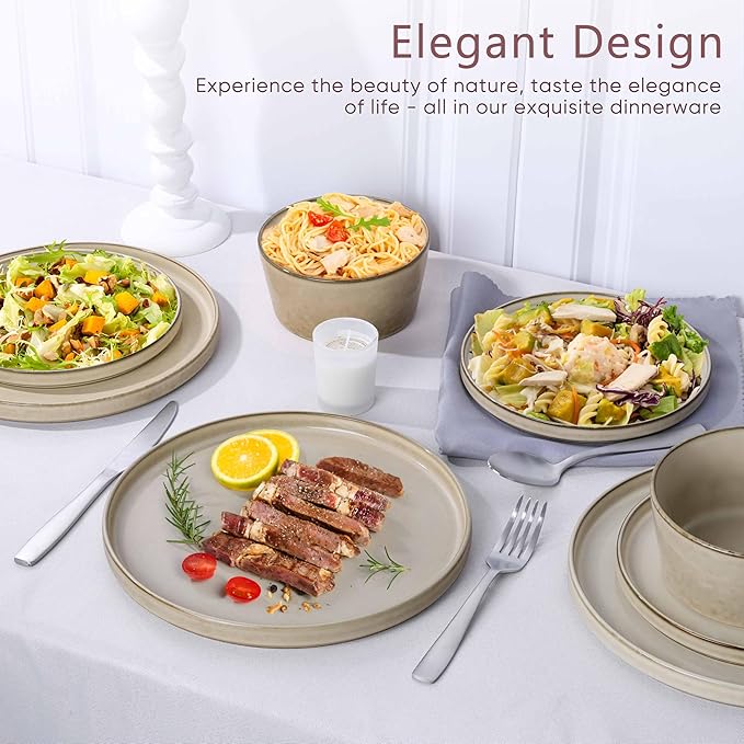 Herogo Stoneware Plates and Bowls Sets for 8, 24 Pieces Modern Dinnerware, Reactive Glaze Dishes Set for Kitchen, Chip Resistant, Microwave & Dishwasher Safe, Cream Khaki