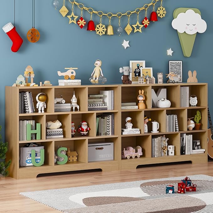 Kids Book Shelf Set of 2, 10 Cubes Storage Organizer Montessori Bookshelf, 3-Tier Wooden Kids Bookcase, Toy Storage Organizer for Children, Wooden Toddler Bookshelf Cube Shelf for Kid’s Room