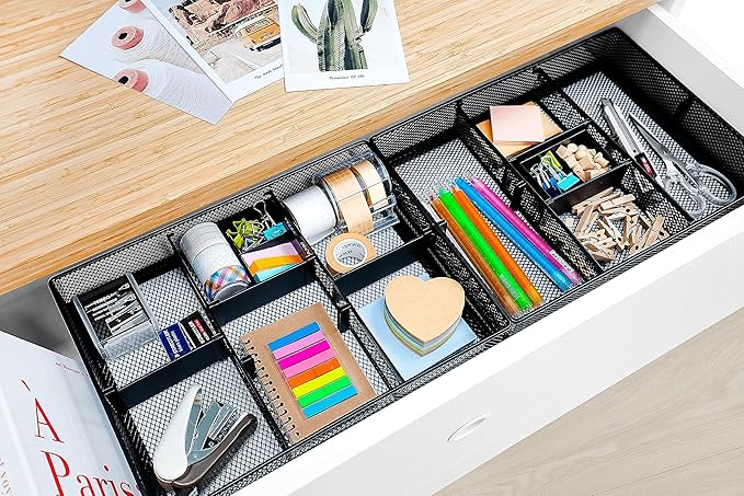 CAXXA Mesh 3 Slot Desk Drawer Organizer with Four Adjustable Dividers - Black