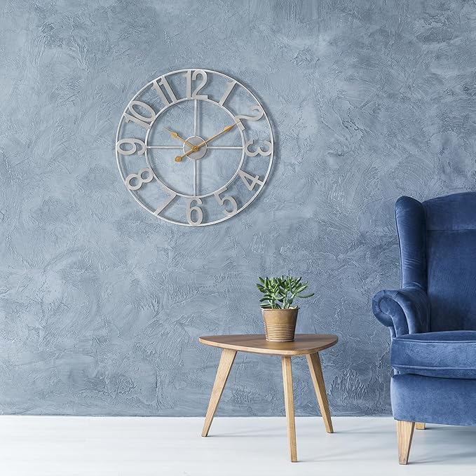 Sorbus 16-Inch Large Wall Clock – Decorative Silver Metal Clock with Gold Hands – Silent, Battery Operated, Modern Wall Decor for Living Room, Kitchen, or Office, Great Gift for Housewarming or Office