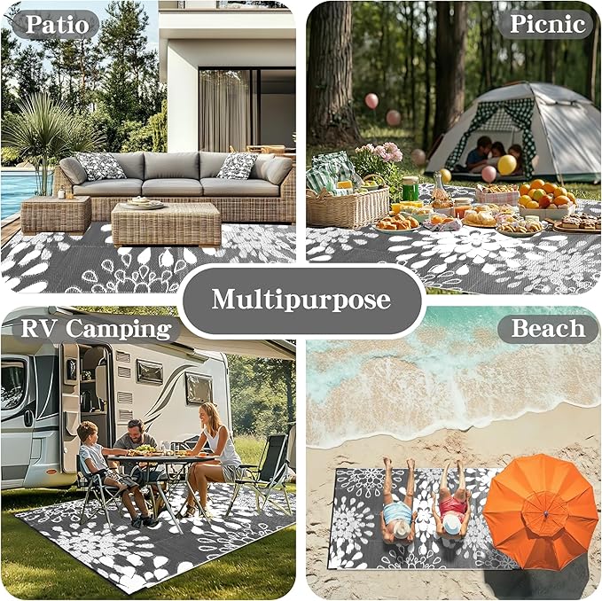 Wallona Outdoor Rugs 8x10 ft Patio Waterproof Clearance Indoor Outdoor Large Carpet for Patio Plastic Straw Reversible Area Rugs Mat for RV, Camping, Balcony, Beach, Picnic, Porch, Flower Grey & White