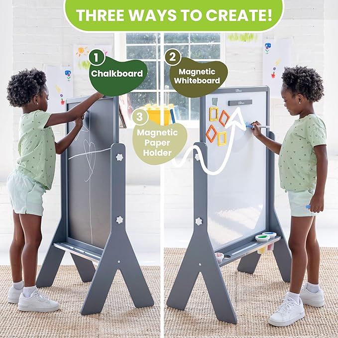 Little Partners Contempo Art Toddler Easel, Two-Sided Paint Station for Kids with XL Surface, Chalk Board, Magnetic Dry Erase Board, Paper Holder, Paint Containers (White/Black Board, Earl Grey)