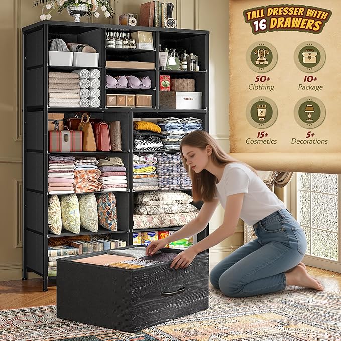 57“H Tall Dresser for Bedroom with 16 Drawers,Fabric Dressers & Chests of Drawers for Closet,Large Black Dresser with Sturdy Metal Frame, Wood Top,Entryway, Hallway