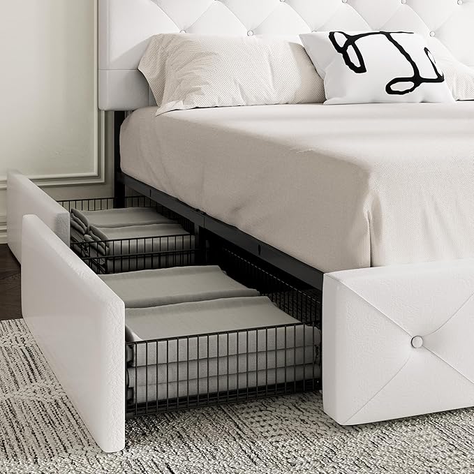 MUTICOR Full Size Bed Frame with 4 Storage Drawers, Upholstered Platform Bed with Button Tufted Adjustable Headboard, No Box Spring Needed, Easy Assembly, Diamond Tufted, White Leather