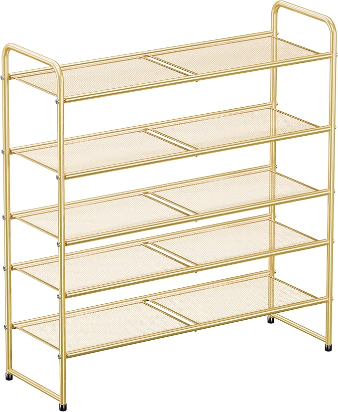 SUFAUY 33" Wide Shoe Rack, 5-Tier Shoe Storage Rack for 24-30 Pairs of Shoes, Mesh Shoe Organizer for Entryway Closet, Steel Frame, Industrial, Gold