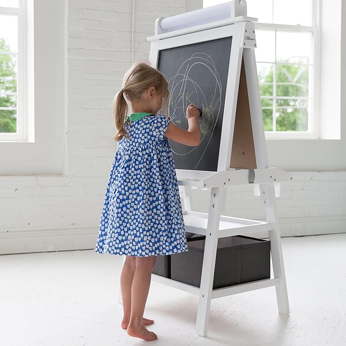 Little Partners Deluxe Learn 'N Play Toddler Easel for Kids, Two-Sided Art Center with Chalkboard, Magnetic Dry Erase Whiteboard, Paper Feed, Storage Bins, Paint Containers (Soft White)